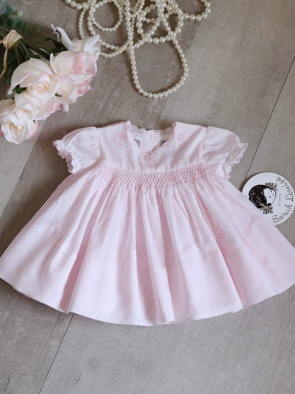 Pink Smocked Heirloom Float Dress Floral Embroidery Eyelet Preemie Sarah Louise